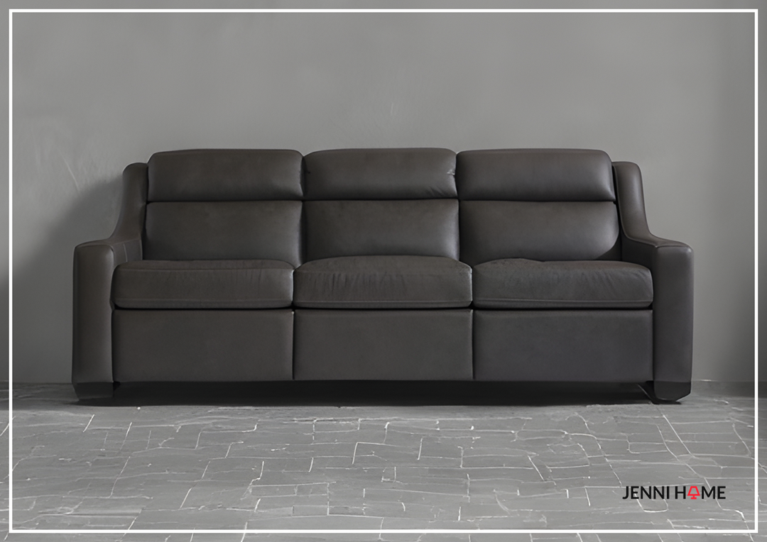 Germain Power Motion Sofa | Gray Leather | Mocha Wood Leg Finish | Bernhardt