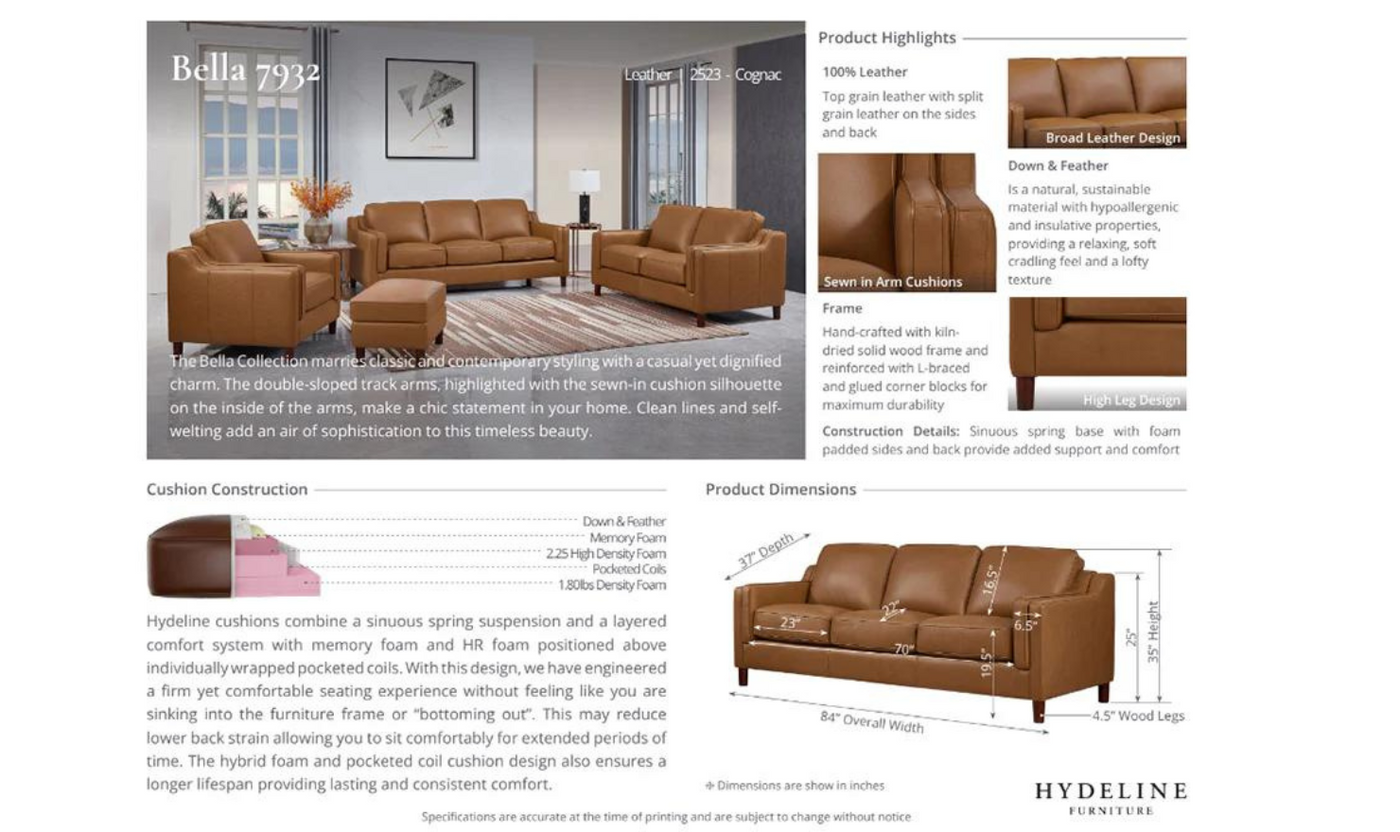 Hydeline Bella 2-Seater Leather Loveseat