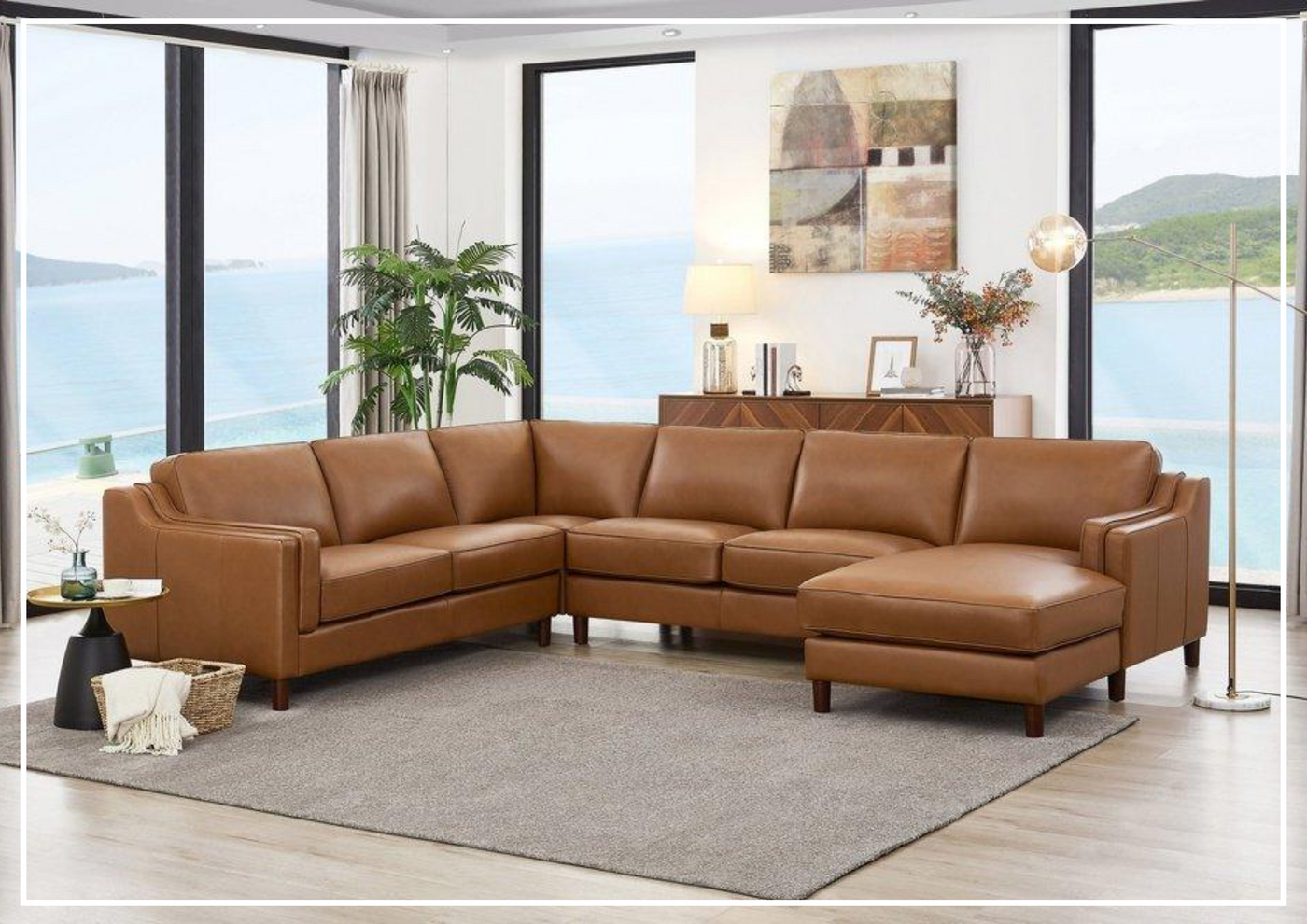 Hydeline Bella U-Shape Leather Sectional Sofa with Chaise in Brown-Jennihome