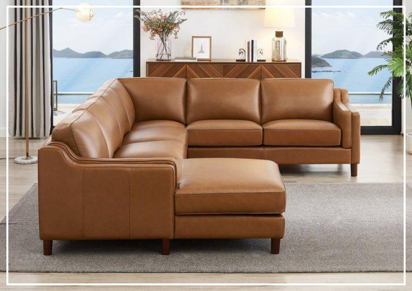 Hydeline Bella U-Shape Leather Sectional Sofa with Chaise in Brown-Jennihome