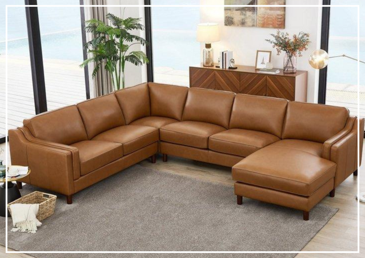 Hydeline Bella U-Shape Leather Sectional Sofa with Chaise in Brown-Jennihome