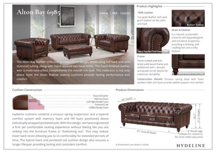 Hydeline Alton Bay Leather Loveseat With Nail-Head Finish