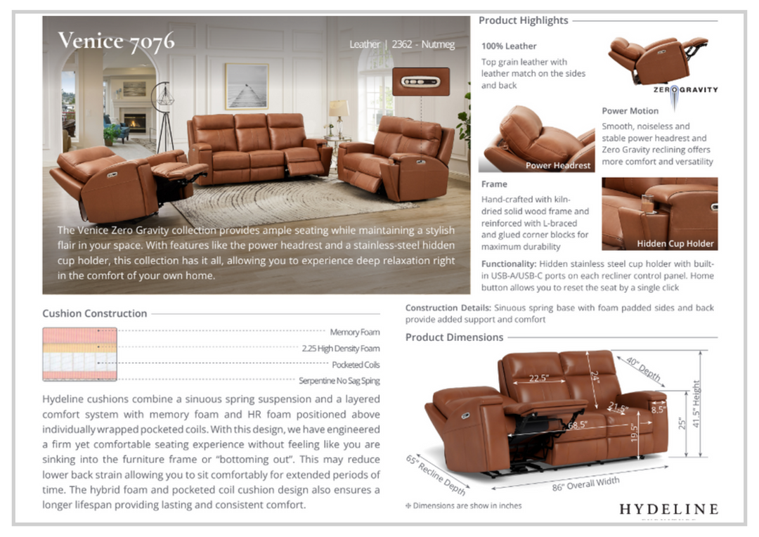 Hydeline Venice Power Headrest Zero Gravity Reclining Leather 2Seater Sofa