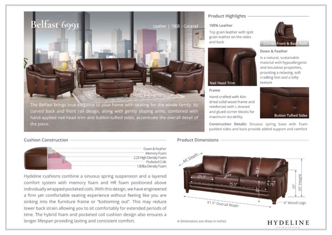 Hydeline Belfast Leather Loveseat With Nail-Head Finish