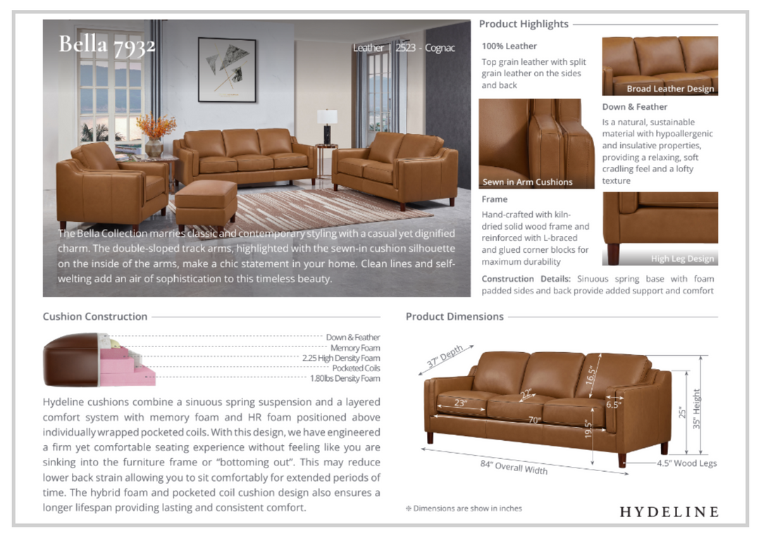 Hydeline Bella Leather Sectional Sofa with Double-Sloped Track Arms-Jennihome