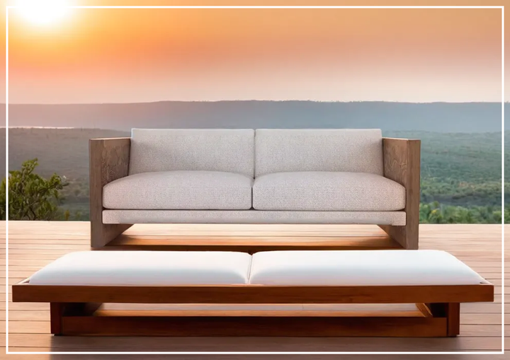 Bernhardt Outdoor Madura solid teak Sofa with Plush cushions