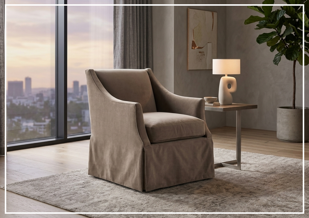 Clayton Fabric Swivel Chair | Sloped Arms | Skirted Base | Bernhardt-Jennihome
