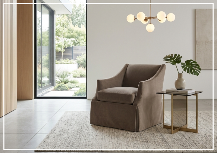 Clayton Fabric Swivel Chair | Sloped Arms | Skirted Base | Bernhardt-Jennihome