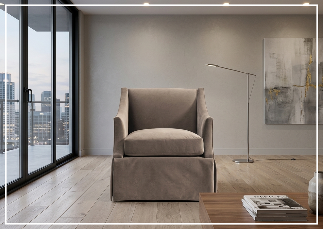 Clayton Fabric Swivel Chair | Sloped Arms | Skirted Base | Bernhardt-Jennihome