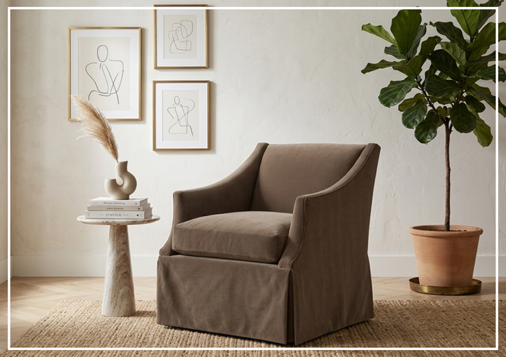 Clayton Fabric Swivel Chair | Sloped Arms | Skirted Base | Bernhardt-Jennihome