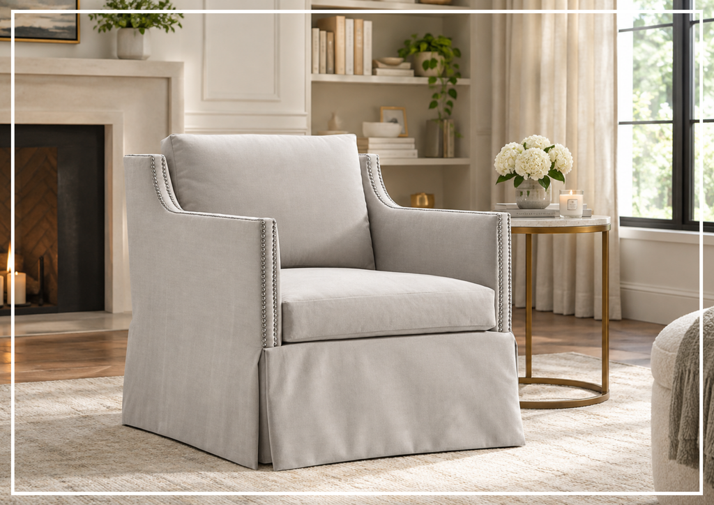 Delaney Fabric Swivel Chair | Sloped Arms | Skirted Base | Bernhardt - Jennihome