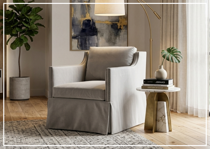 Delaney Fabric Swivel Chair | Sloped Arms | Skirted Base | Bernhardt - Jennihome