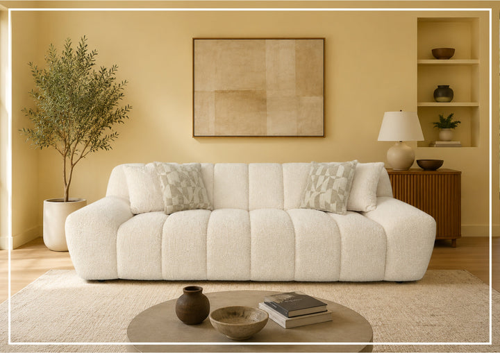 Bellanzo Italian Boucle Fabric Sofa | Deep Tufted Seats & Square Arms | Klaussner