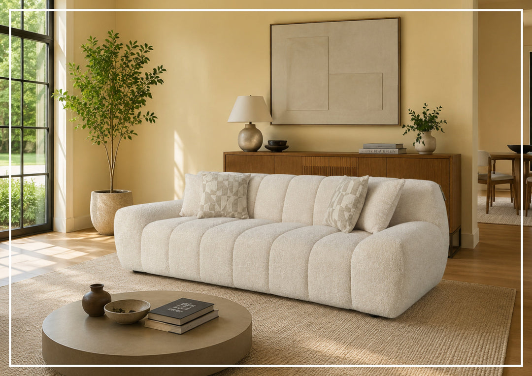 Bellanzo Italian Boucle Fabric Sofa | Deep Tufted Seats & Square Arms | Klaussner