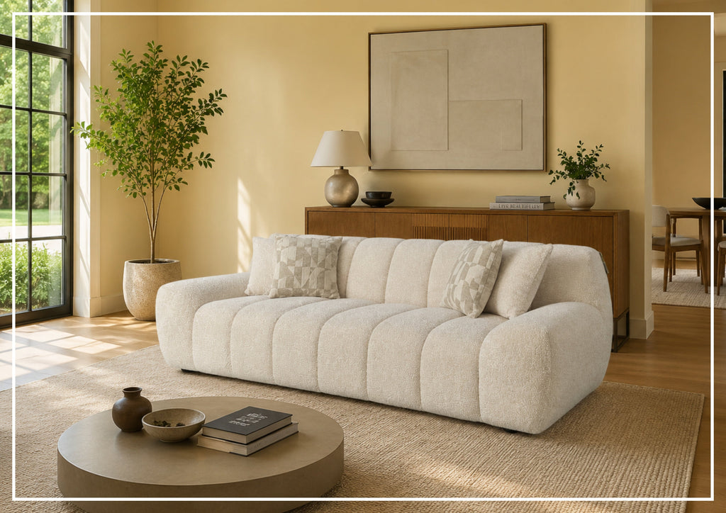 Bellanzo Italian Boucle Fabric Sofa | Deep Tufted Seats & Square Arms | Klaussner