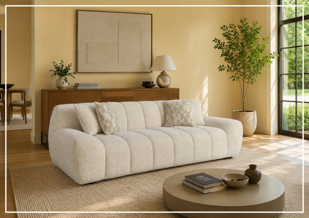 Bellanzo Italian Boucle Fabric Sofa | Deep Tufted Seats & Square Arms | Klaussner