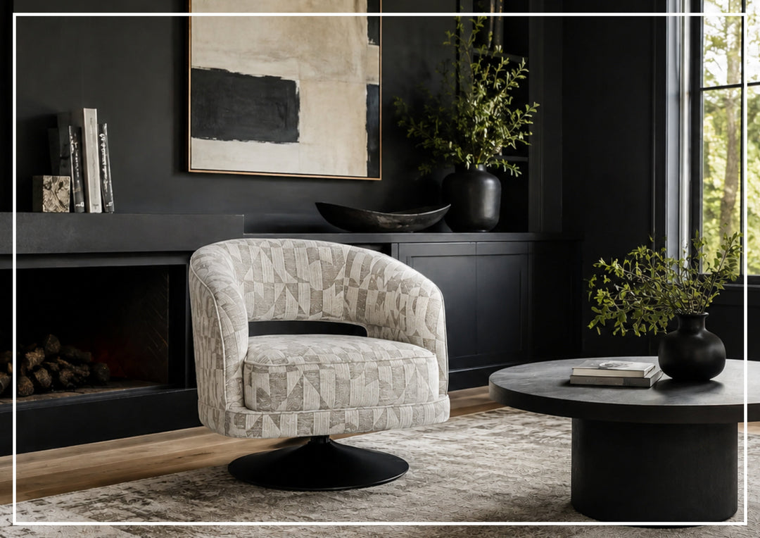 Fallon Fabric Swivel Chair | Geometric Barrel Design | Klaussner-Jennihome
