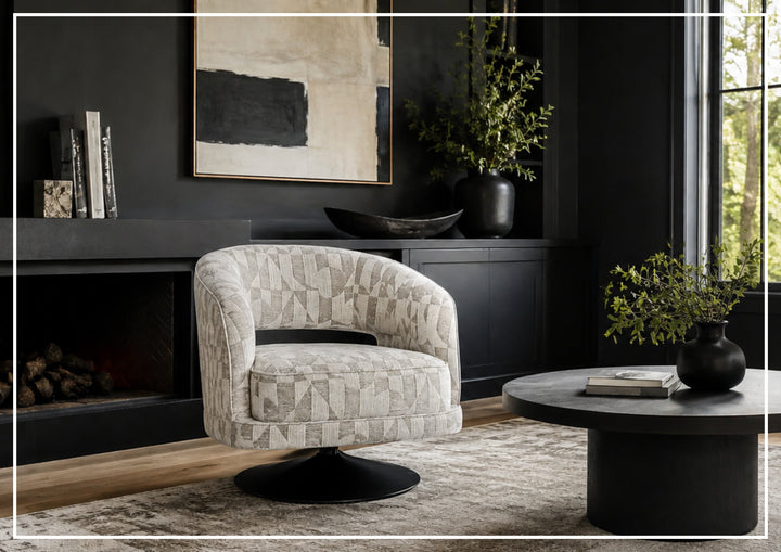 Fallon Fabric Swivel Chair | Geometric Barrel Design | Klaussner-Jennihome