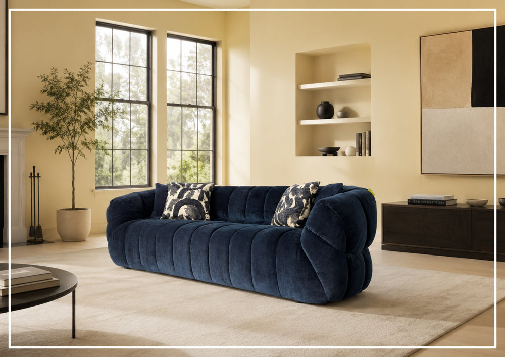 Ferrara Channel Tufted Sofa with Round Arms| Blue Fabric | Klaussner-JenniHome