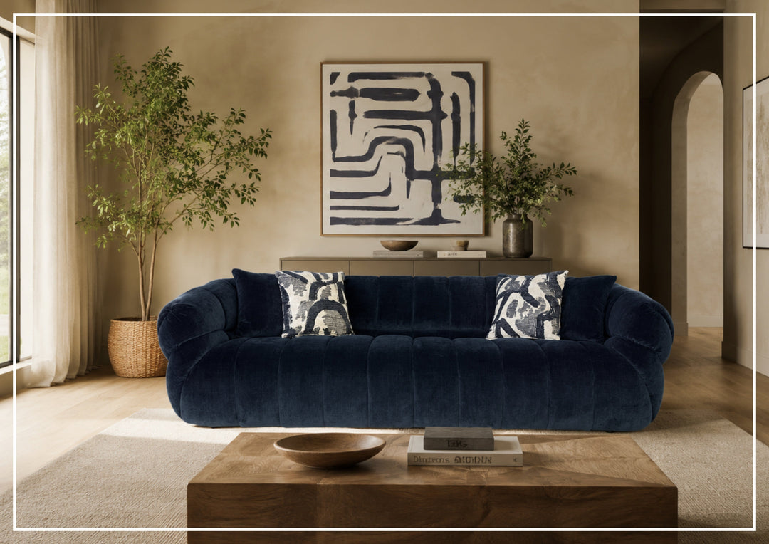 Ferrara Channel Tufted Sofa with Round Arms| Blue Fabric | Klaussner-JenniHome