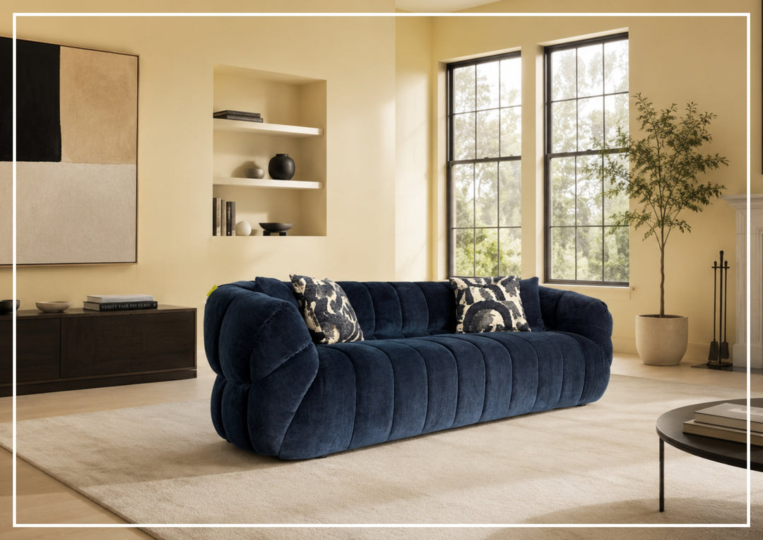 Ferrara Channel Tufted Sofa with Round Arms| Blue Fabric | Klaussner-JenniHome