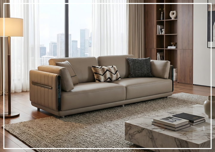 Soriano Leather 3-Seater Sofa | Metallic Base | Marble Accents | Klaussner