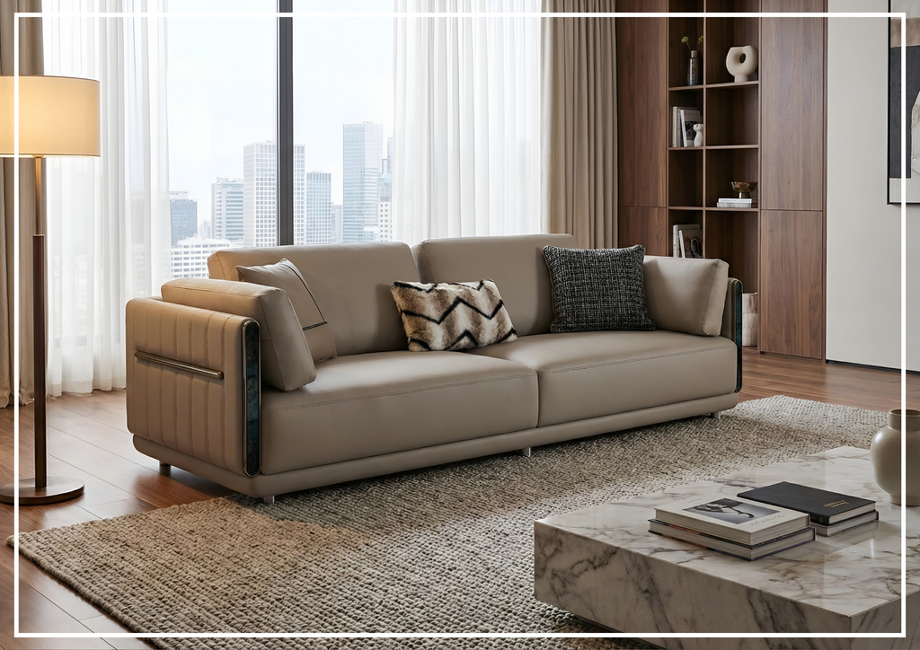 Soriano Leather 3-Seater Sofa | Metallic Base | Marble Accents | Klaussner