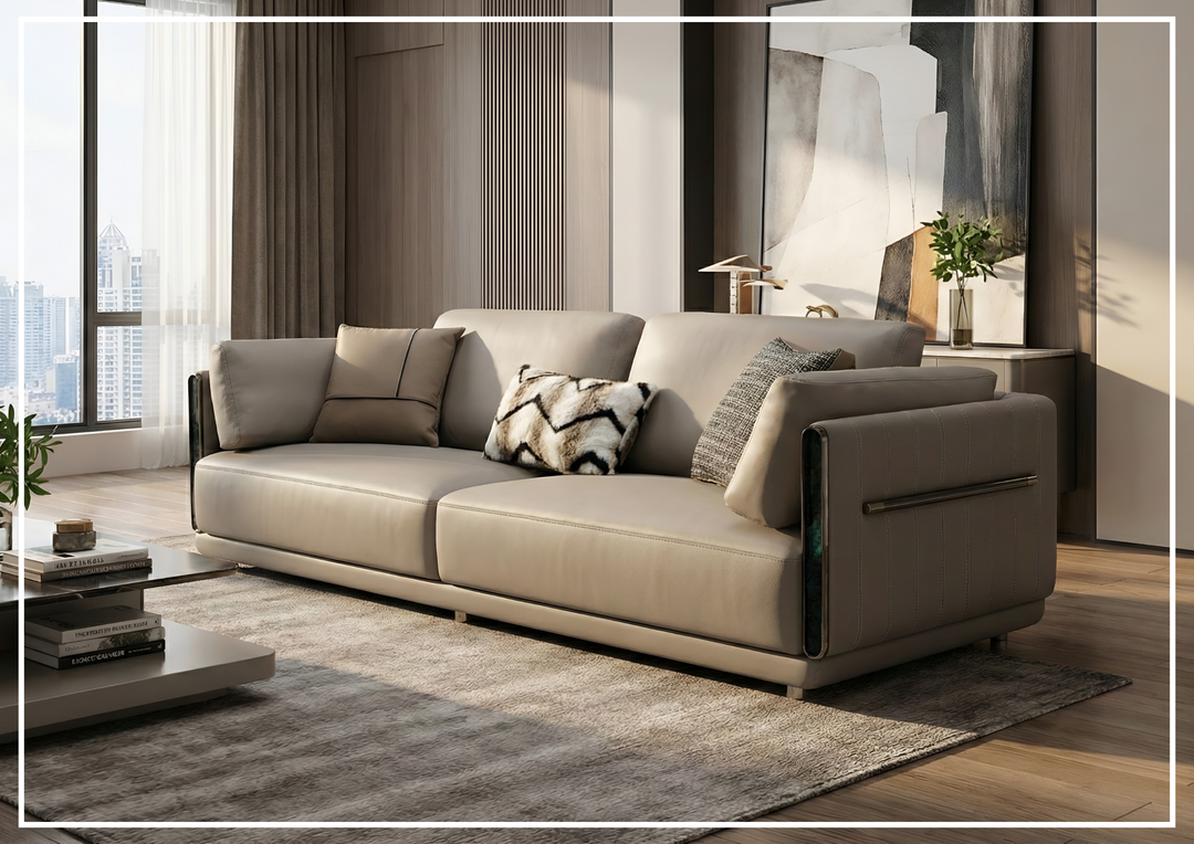 Soriano Leather 3-Seater Sofa | Metallic Base | Marble Accents | Klaussner