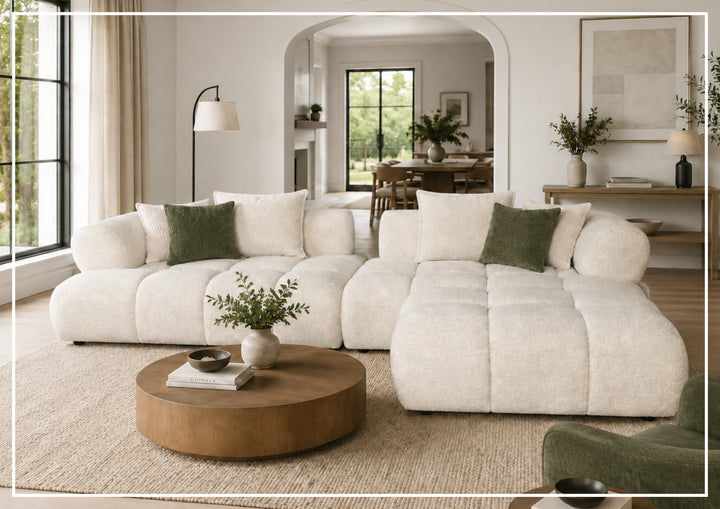 Valenza Square Arms Sectional Sofa with Chaise | Ivory Fabric | Klaussner-Jennihome