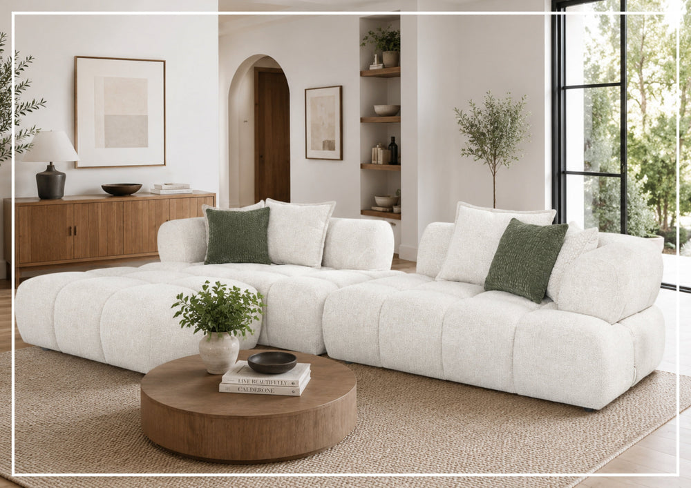 Valenza Square Arms Sectional Sofa with Chaise | Ivory Fabric | Klaussner-Jennihome
