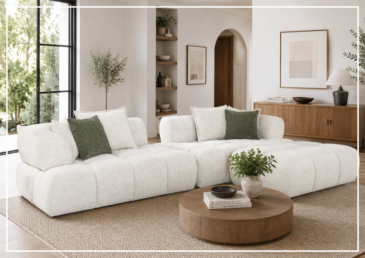 Valenza Square Arms Sectional Sofa with Chaise | Ivory Fabric | Klaussner-Jennihome