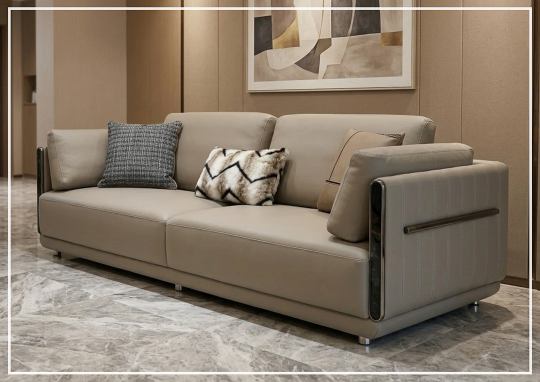 Soriano Leather 3-Seater Sofa | Metallic Base | Marble Accents | Klaussner