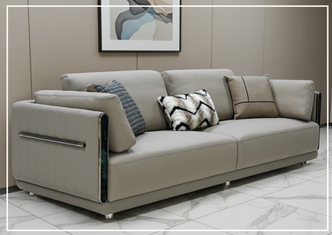 Soriano Leather 3-Seater Sofa | Metallic Base | Marble Accents | Klaussner