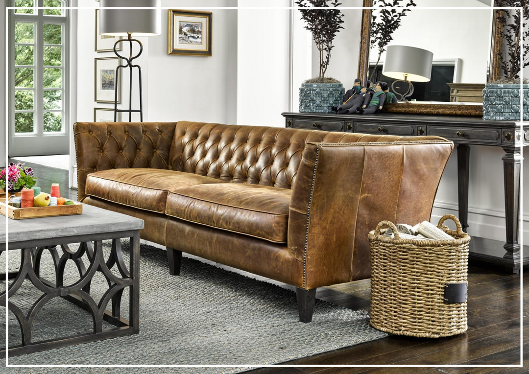 Universal Furniture Duncan Brown Leather Sofa with Tufted Back Arms