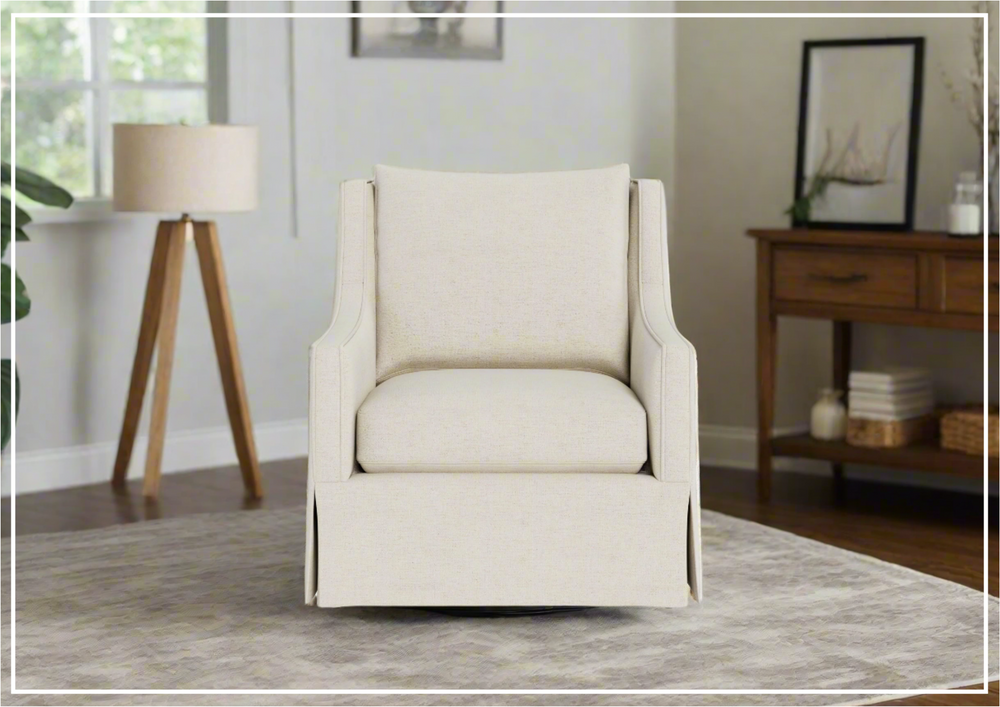 Universal Furniture Hudson Fabric Beige Rectangular Swivel Chair with Ivory Finish-Jenni Home