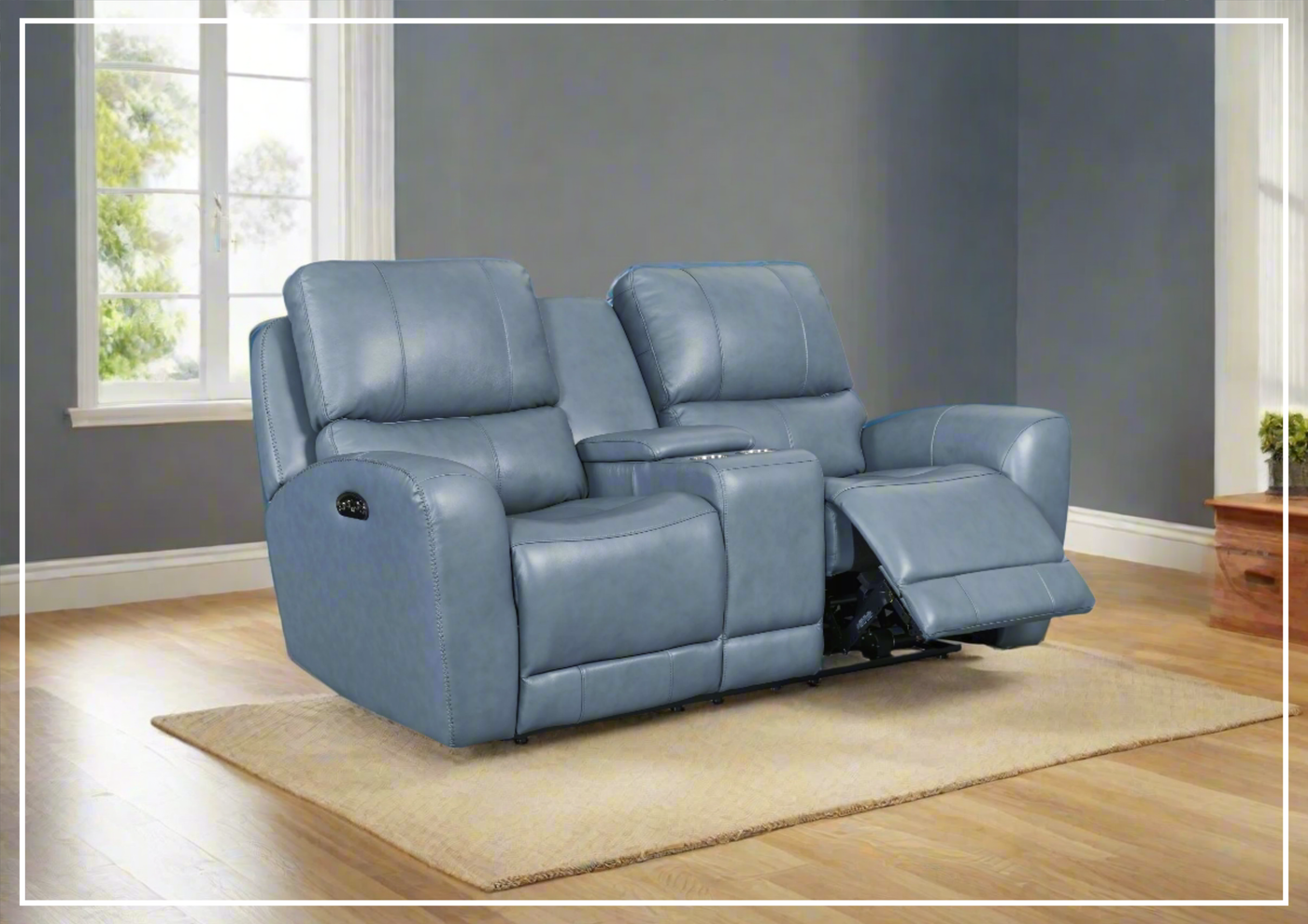 Gio Italia Bristol Power Reclining Blue Leather Loveseat With Console-Jennihome