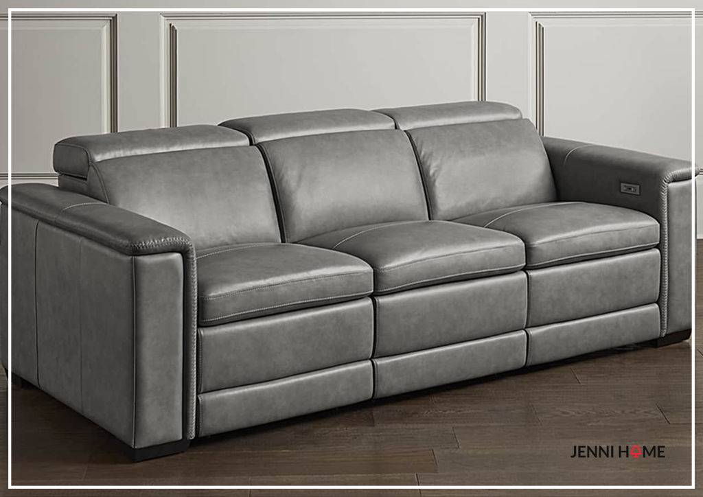 Bernhardt Lioni Gray Leather Power Motion Sofa in Mocha Finish