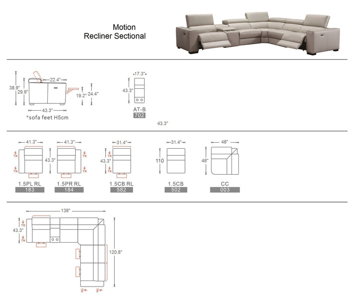 Gio Italia Aventura Power Reclining Leather Sectional Sofa